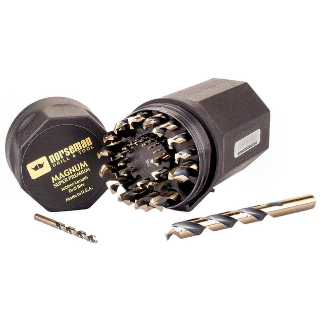 Noreseman 44170-29 Piece Black & Gold 135 Degree Split Point Jobber Length Drill Bit Set - Sizes 1/16 Thru 1/2